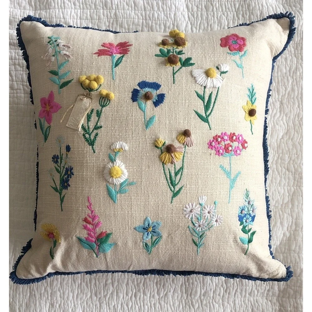 Embroidered Pillow Cover 20x20 Ivory W/Colorful Blessed Floral Zip Opening